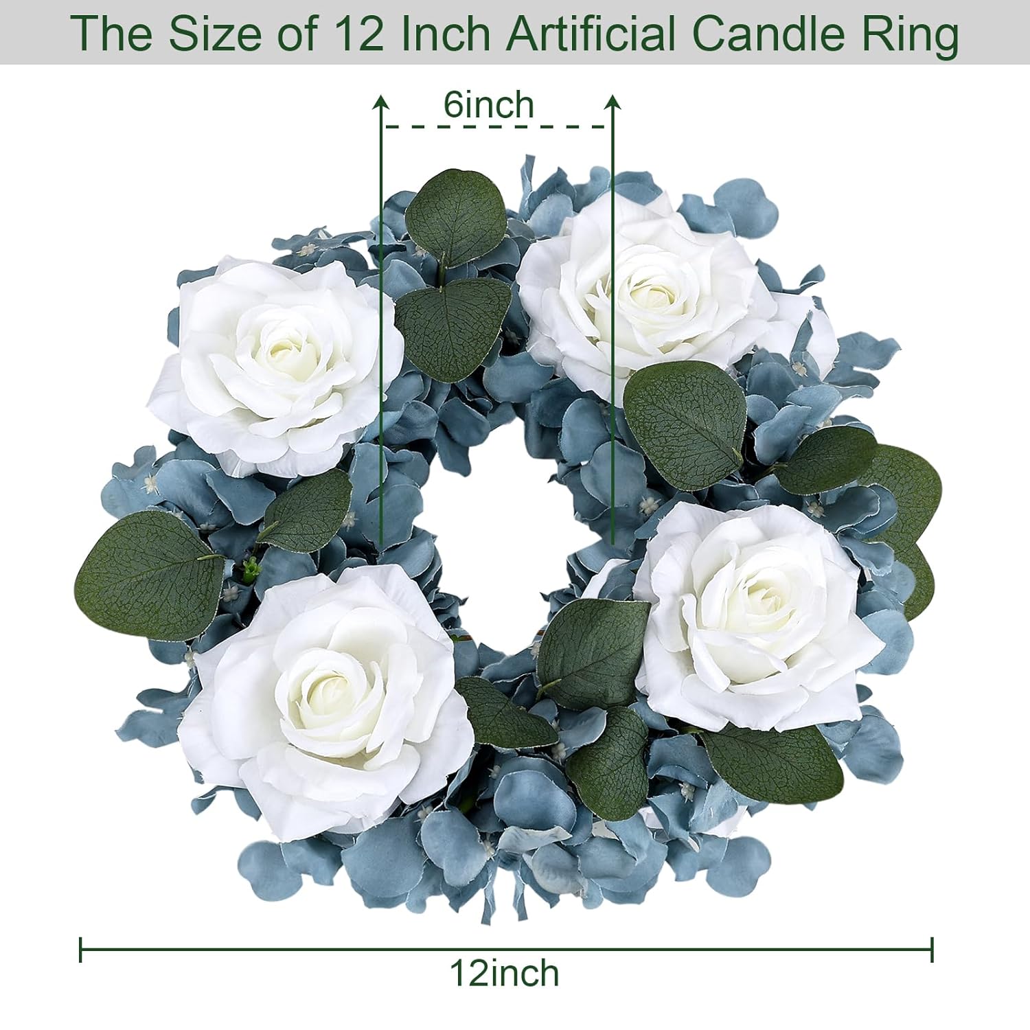 Artificial Flower Candle Rings - 6 Inch Inner Rose Floral Wreaths With Butterflies For Wedding Bridal Event Table Centerpieces Backdrop Decorations (Dusty Blue & White, 2 X Candle Rings)