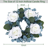 Artificial Flower Candle Rings - 6 Inch Inner Rose Floral Wreaths With Butterflies For Wedding Bridal Event Table Centerpieces Backdrop Decorations (Dusty Blue & White, 2 X Candle Rings)