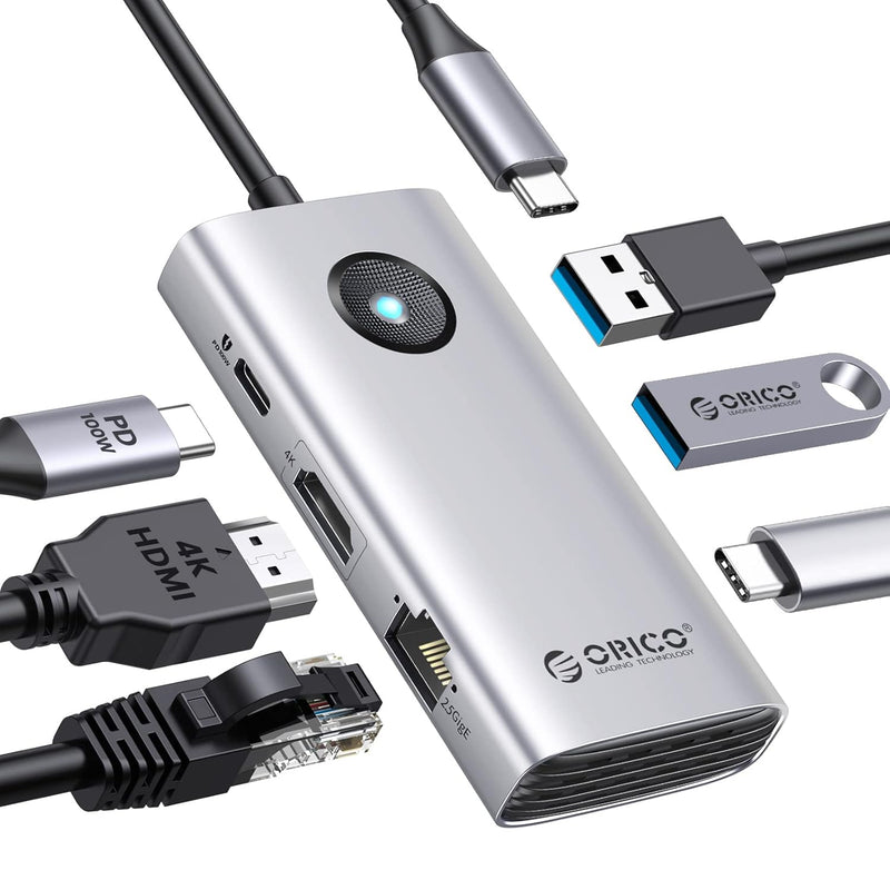 USB C Hub, ORICO 6-in-1 USB C Docking Station USB C to Ethernet 2.5G Adapter w