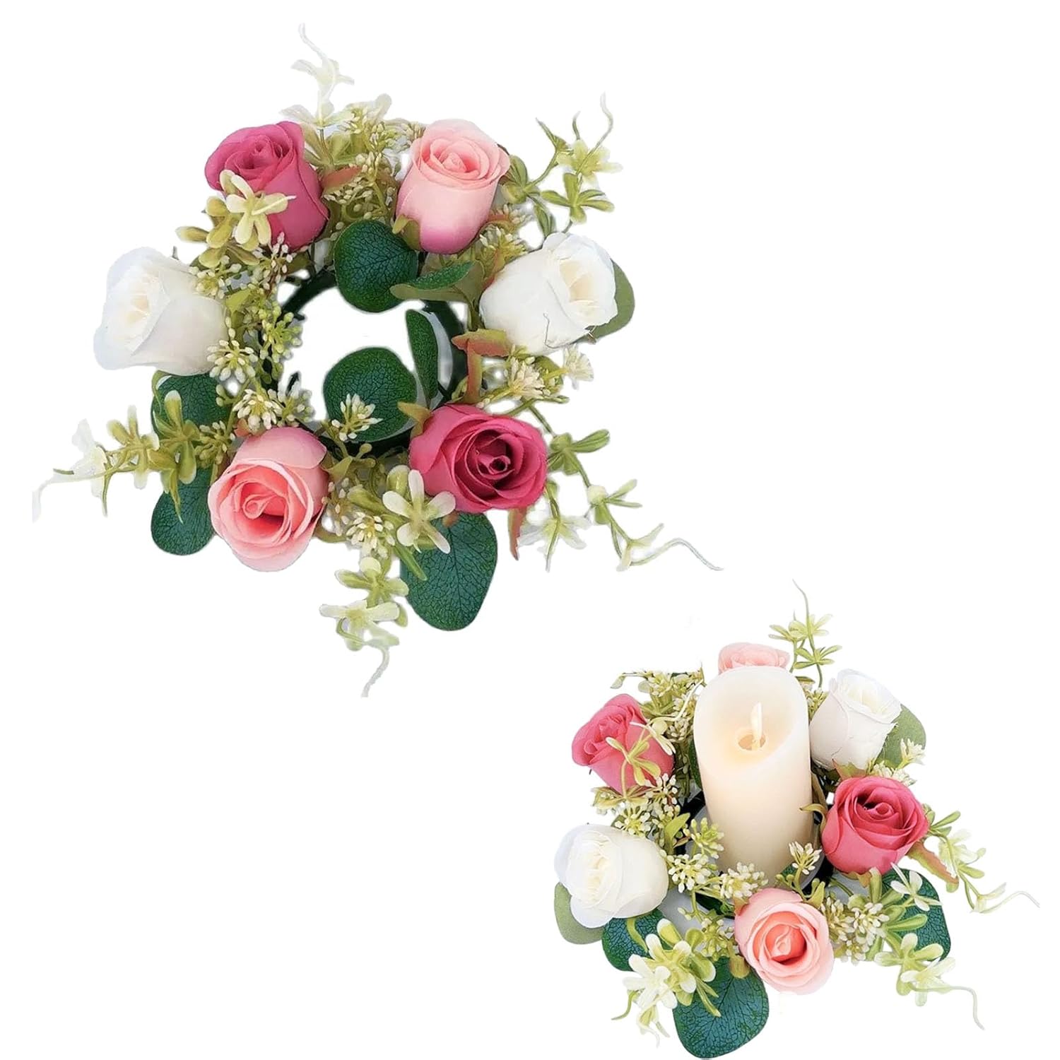 Valentine'S Day Rose Candle Ring Wreath Artificial Rose Red White Floral Candle Holder Flower Wreath For Valentine'S Day Party Wedding Table Centerpieces Home Front Door Bouquet Decor
