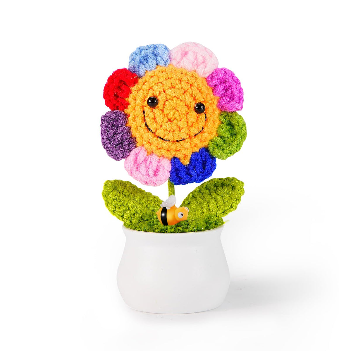 Crochet Sunflower Artificial Flowers, Plush Plant Desk Decor, Emotional Support Gift (Rainbow Sunflower With Bee)