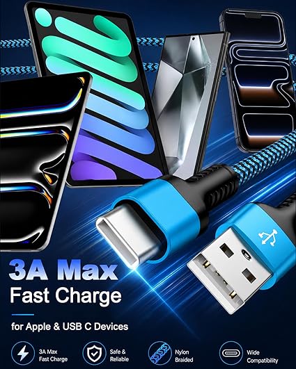 2 Pack 3FT USB A to USB C CarPlay Cable Fast Charging Cord for iPhone 17 16 15 Braided White