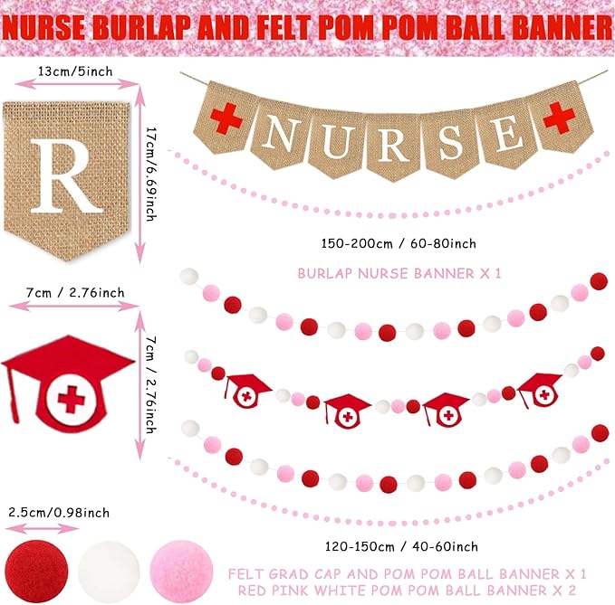 Nurse Banner, 4 Pcs Nursing Party Decorations Burlap Bunting Pennant And Felt Graduation Cap With Red Pink White Pom Pom Ball Garland Congrats Grad For Thank You Nurses Lab Week College School Decor