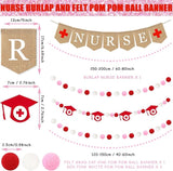 Nurse Banner, 4 Pcs Nursing Party Decorations Burlap Bunting Pennant And Felt Graduation Cap With Red Pink White Pom Pom Ball Garland Congrats Grad For Thank You Nurses Lab Week College School Decor