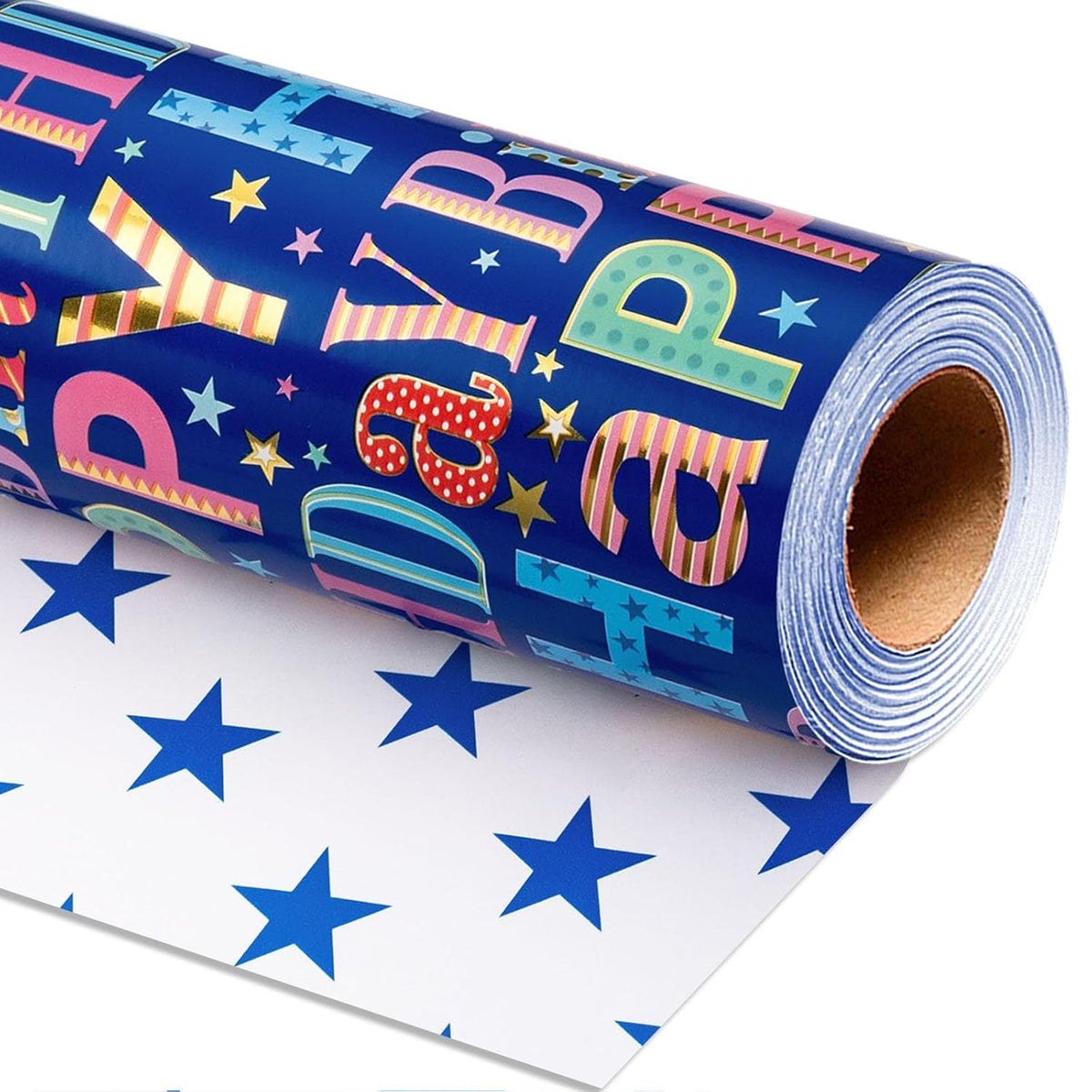 Blue Birthday Wrapping Paper Roll - Colorful Happy Birthday Letters With Metallic Foil Shine & Stars Reversible Gift Wrap For Boys Baby Shower, Party - Mini Roll - 17 Inch X 16.5 Feet