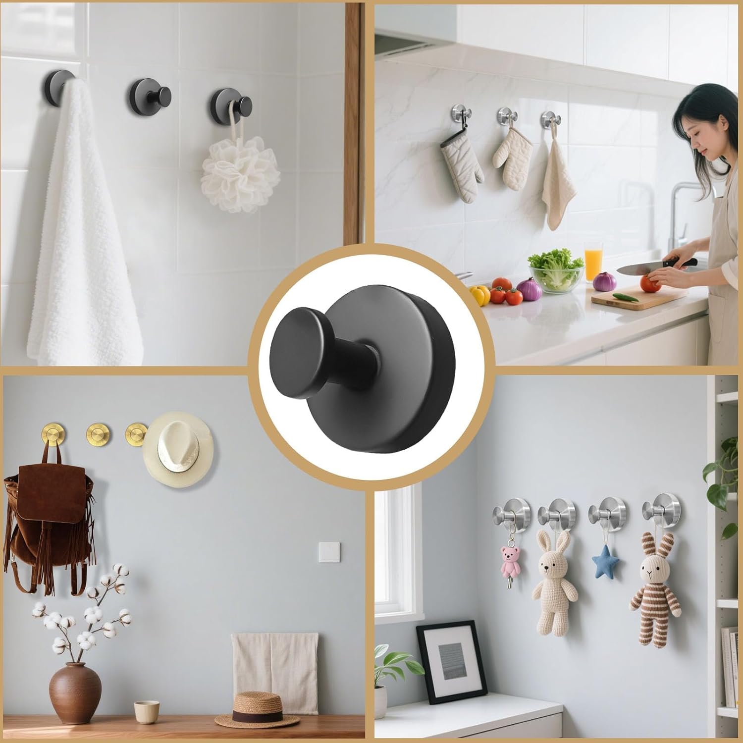 4Pcs New Model No-Drill Suction Cup Hooks For Door Wreaths, Wreath Hangers For Front Door, Suction Cup Hooks For Shower, Removable, Waterproof & Rustproof (Black)