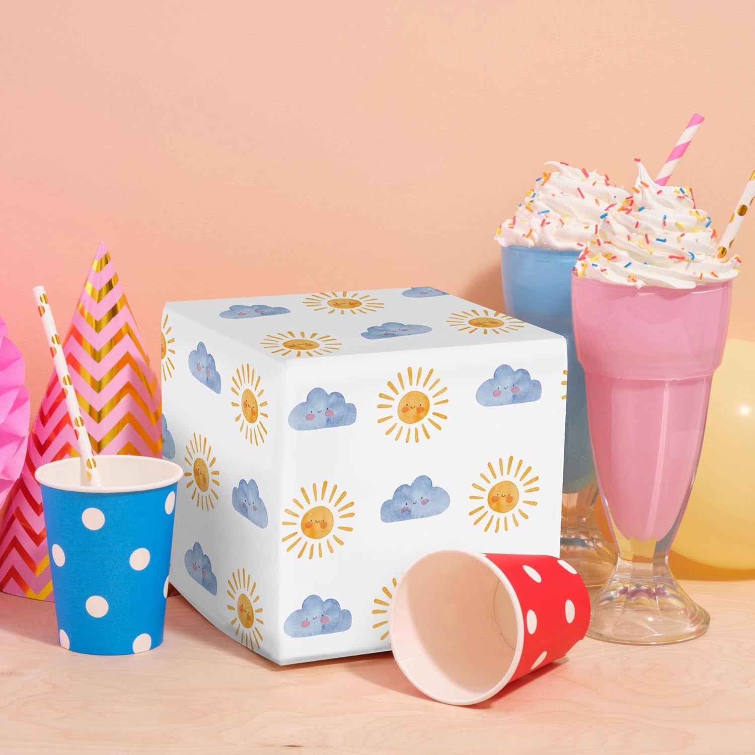 Sun Baby Shower Wrapping Paper For Kids Boys Girls - Happy Weather Gift Wrap With Sun Smile And Cloud Design For Birthday, Baby Shower Kids Party - 28×40 Inches, 4 Jumbo Folded Sheets