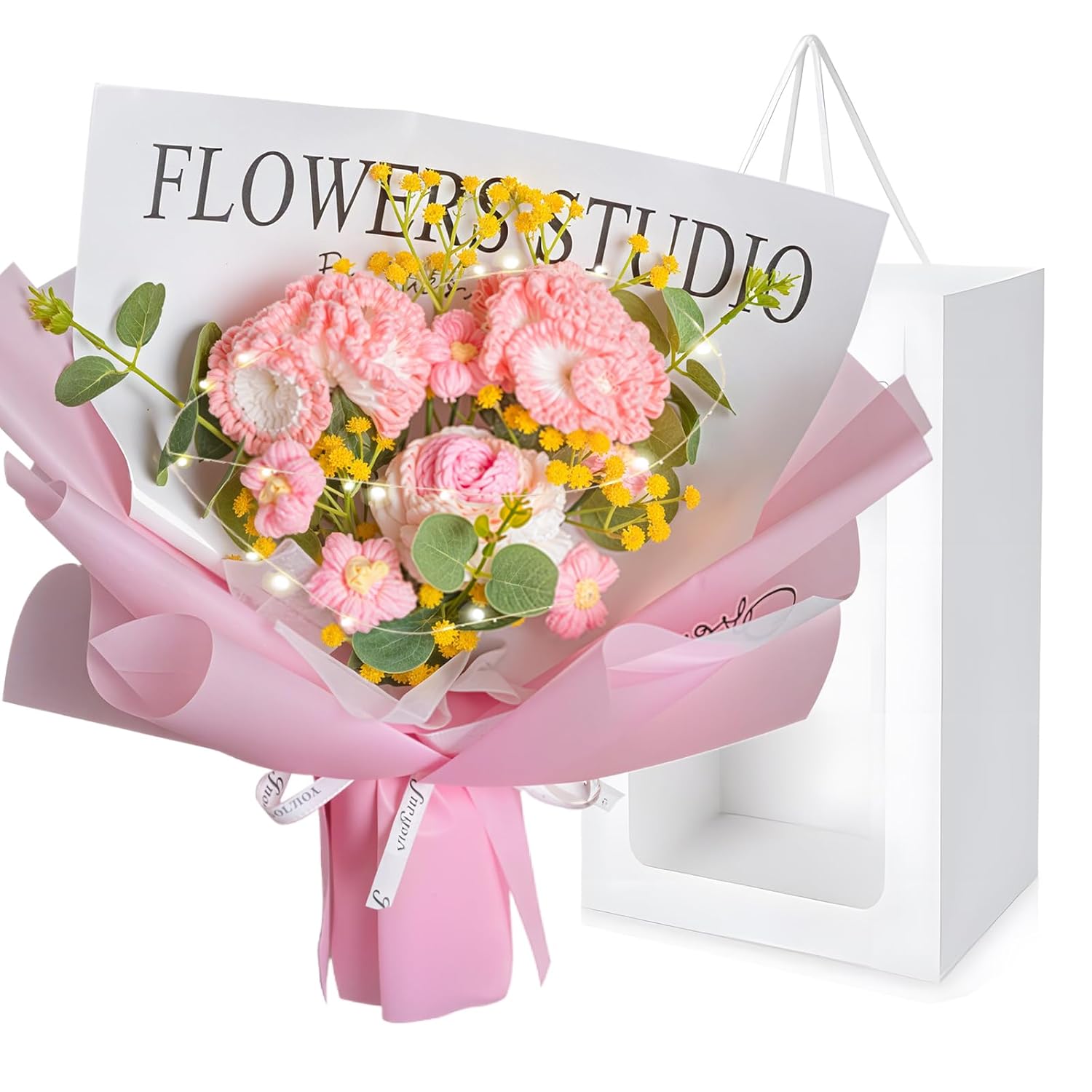 Handmade Crochet Carnation Rose Daisy As A Gift For Mother'S Day, Lover, Friends. Crochet Flowers Bouquet, Knitted Flowers With Led Lights, Artificial Flower Finished Bouquet