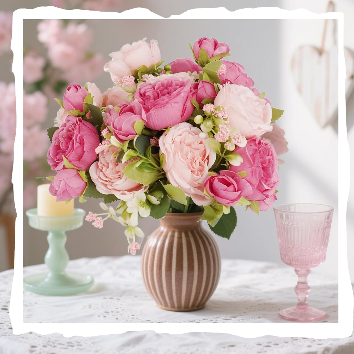 10 Bundles Artificial Peonies Flowers Boho Spring Bouquet Decoration Faux Flowers Artificial Centerpiece For Wedding Floral Arrangements Vase (Pink, Dark Pink)