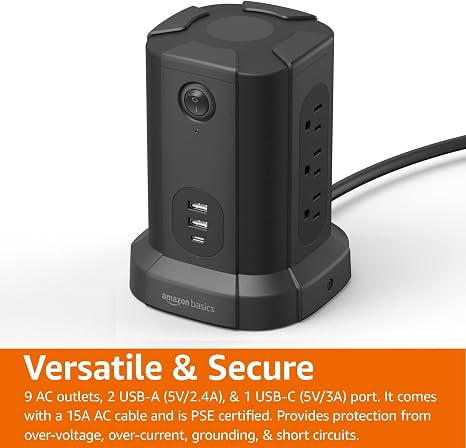 Power Strip Tower 9 Outlets 3 USB Ports USB C Surge Protector 1080J 6FT Cord Black