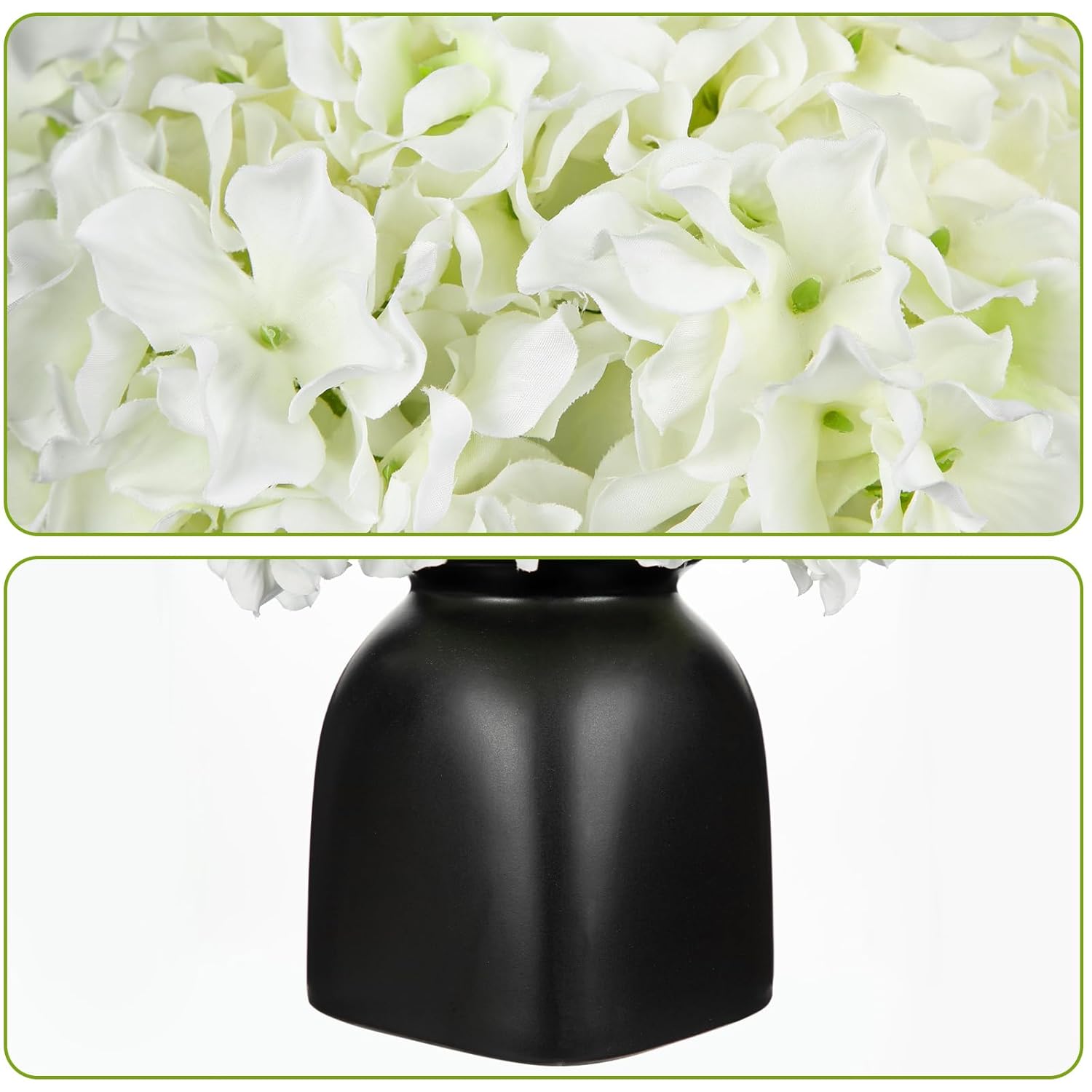 Hydrangea Artificial Flowers White Silk Hydrangea Flowers In Deep Black Ceramic Vase Spring Flowers Arrangments Potted Fake Flowers For Home Decor Indoor Farmhouse Table Wedding Centrepiece