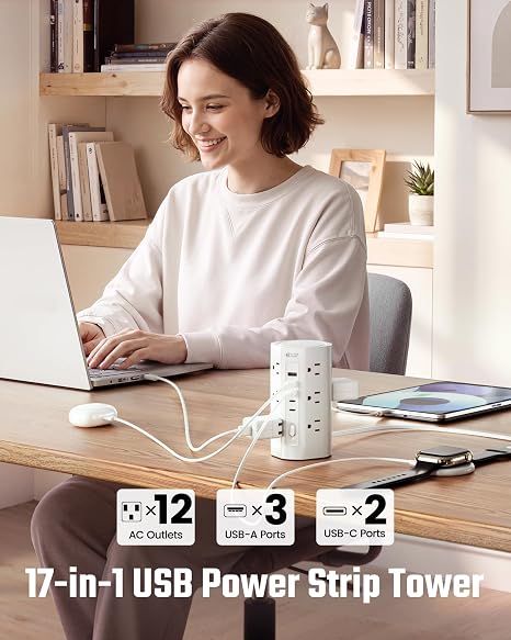 Power Strip Tower 12 Outlets 5 USB Ports 2 USB C 10FT Flat Plug Surge Protector Charging Station White