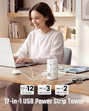 Power Strip Tower 12 Outlets 5 USB Ports 2 USB C 10FT Flat Plug Surge Protector Charging Station White