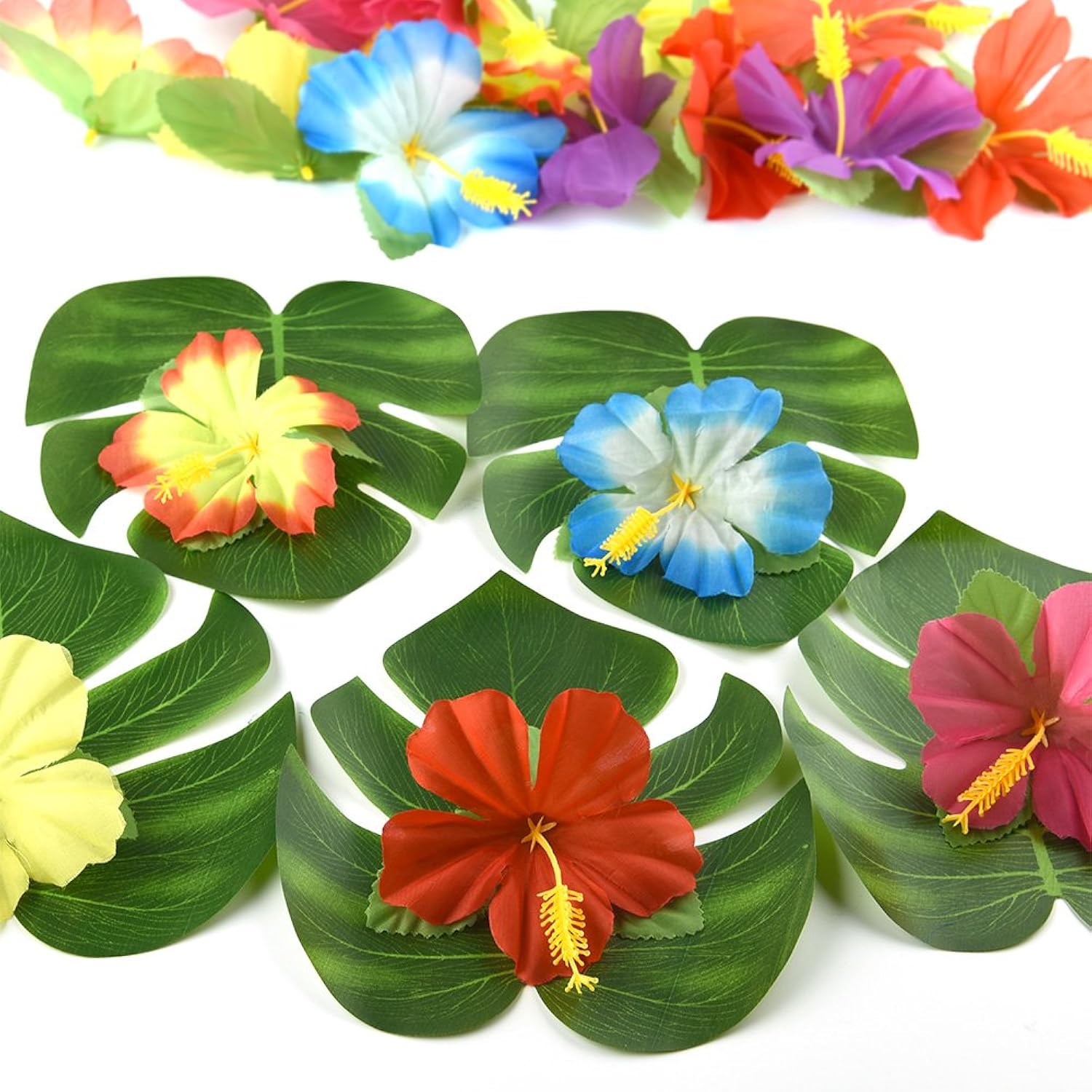 60 Pcs Tropical Party Decoration Supplies 8" Palmtera Hibiscus Leaves And Flowers, Simulation Leaf For Hawaiian Luau Party Jungle Beach Theme Table Decorations