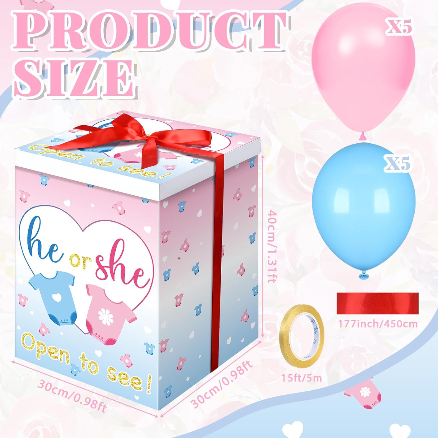 Gender Reveal Balloon Box With Ribbon And 10 Pink And Blue Balloons Gender Reveal Games He Or She Open To See For Party Decoration 12"X12"X16"(Cloth)