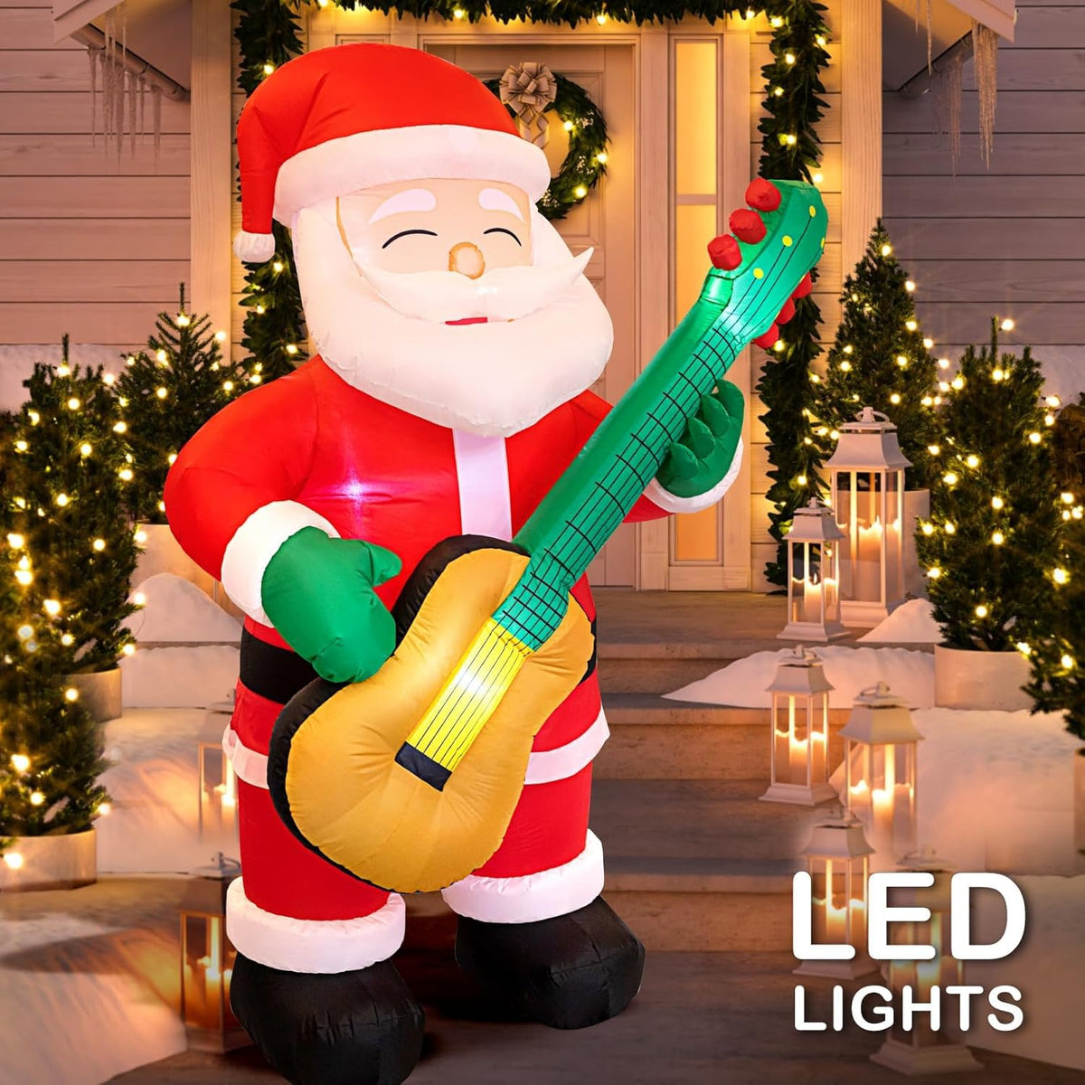 6.5 Ft Christmas Inflatable Santa Claus With Guitar, Blow Up Santa Christmas Decorations Outdoor, Unique Lighted Xmas De