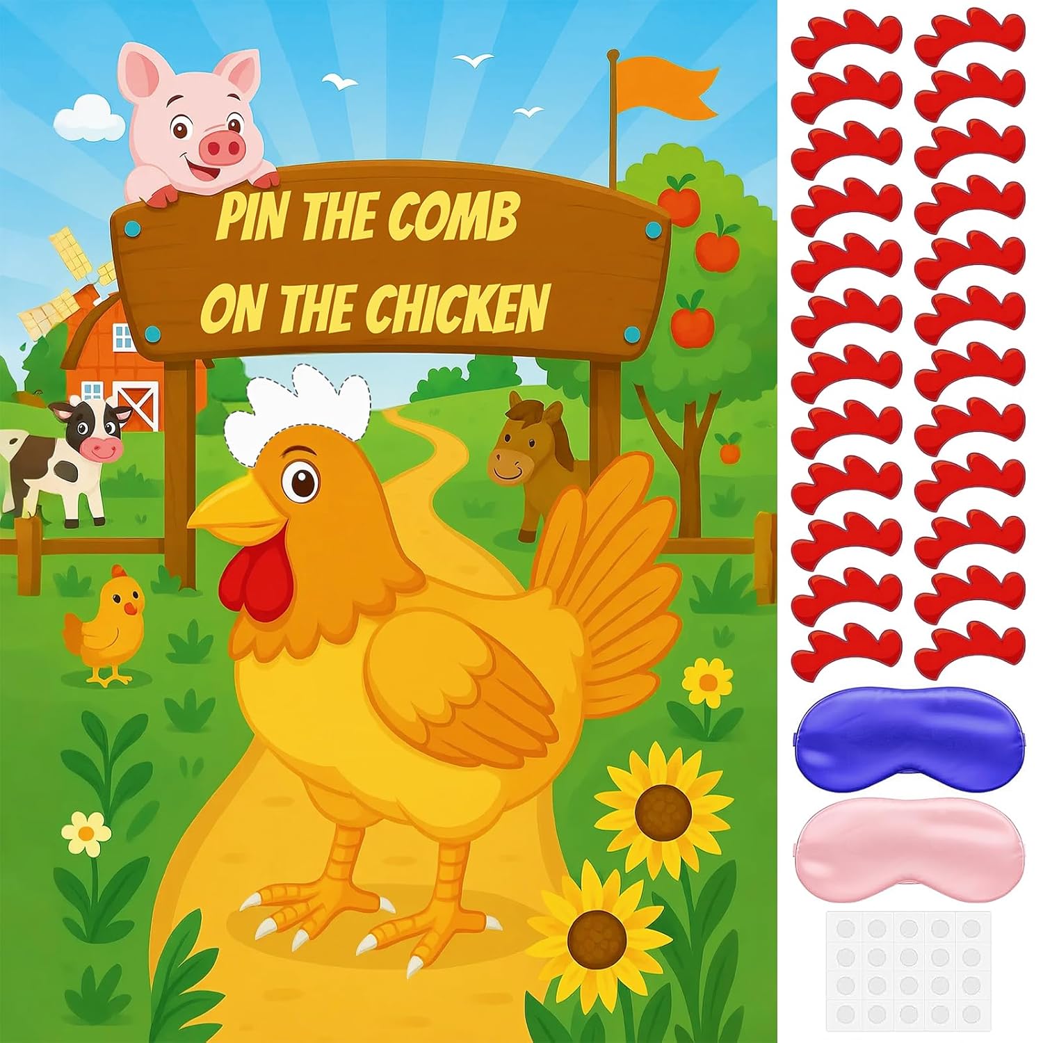 Farm Animal Party Games - Pin The Comb On The Rooster Poster With 24 Stickers & 2 Blindfolds - Rooster Crown Game Set For Barnyard Parties, Adult Group Activities & Farm Theme Decor