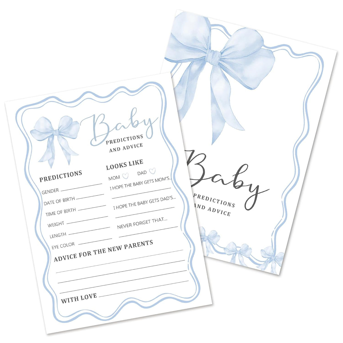 Baby Shower Predictions And Advice Cards For New Parents, Baby Shower Game For Girl Boy, 25 Pack Double-Side Gender Neutral Games, Blue Bow-F09