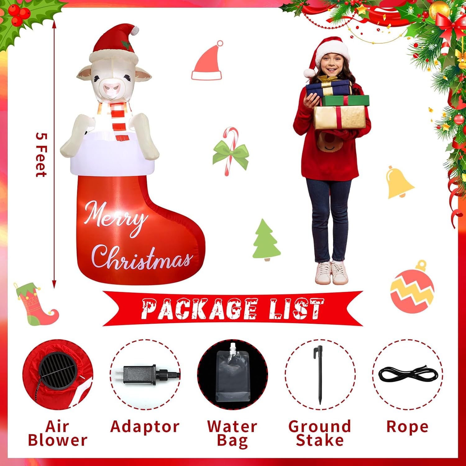 5Ft Christmas Inflatables Goat Outdoor Decoration Inflatables Goat In Xmas Stocking Lighted Blow Up Lamb Climbing Out Fr