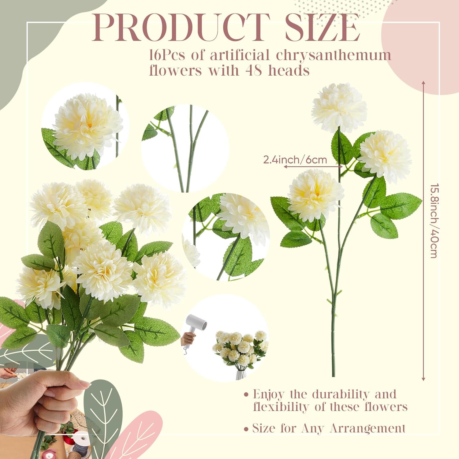 48 Heads Artificial Chrysanthemum Flowers Bouquets Plastic Hydrangea Silk Mums Hydrangea Wedding Bouquets For Home Garden Party Office Decoration Table Floral Centerpieces (Champagne)
