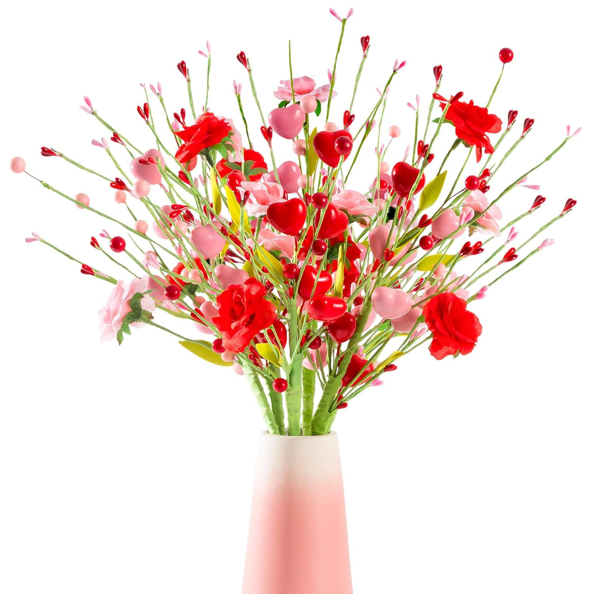 Valentine’S Day Artificial Rose Bouquets 5 Pack, Red & Pink Roses With Heart Picks & Berries, Fake Flowers For Valentine Gifts, Mother’S Day Bouquets, Wedding, Anniversary Parties & Home Decor