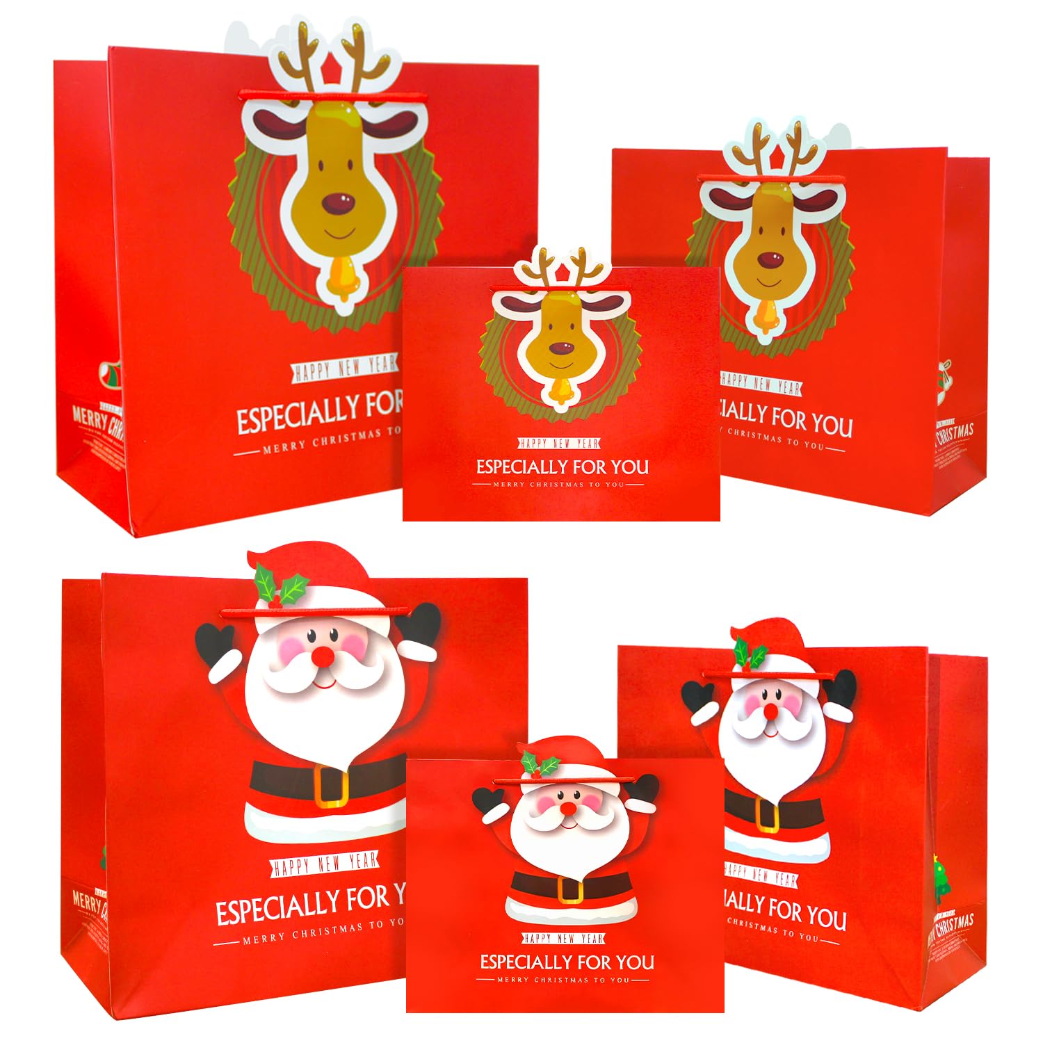 6 Pcs Christmas Gift Bags With Handle, Large M S Size Winter Holiday Paper Goodies Bag For Christmas Party Wrapping Xmas Presents, Birthday, Baby Shower