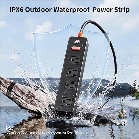 Weatherproof Surge Protector Power Strip 4 Outlets 6FT Extension Cord IPX6 13A 1625W Wall Mount