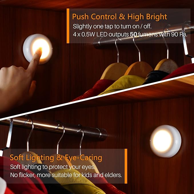 5 Pack Mini Push Tap LED Puck Lights Warm White Battery Operated Stick On Cabinet Lights