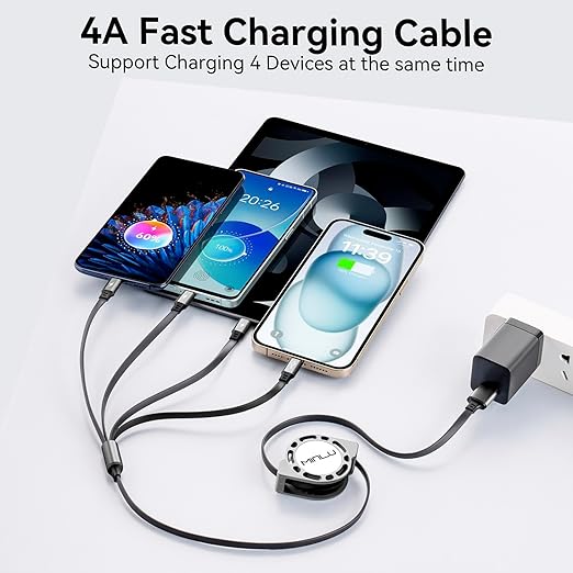 2 Pack Retractable 4 in 1 Multi Charging Cable 4FT 4A Fast Charger Cord for iPhone Samsung iPad PS Tablets