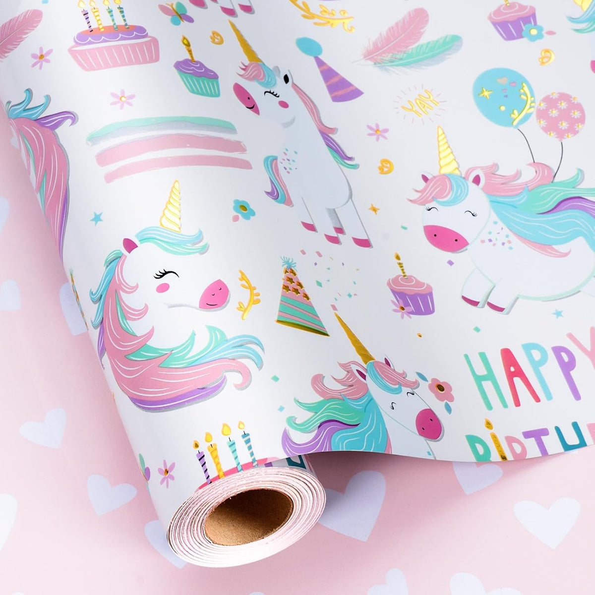 Unicorn Wrapping Paper For Girl, 17 Inch X 33 Feet Birthday Gift Wrap Featuring Gold Corn Reversible Heart For Princess Kids Baby Shower