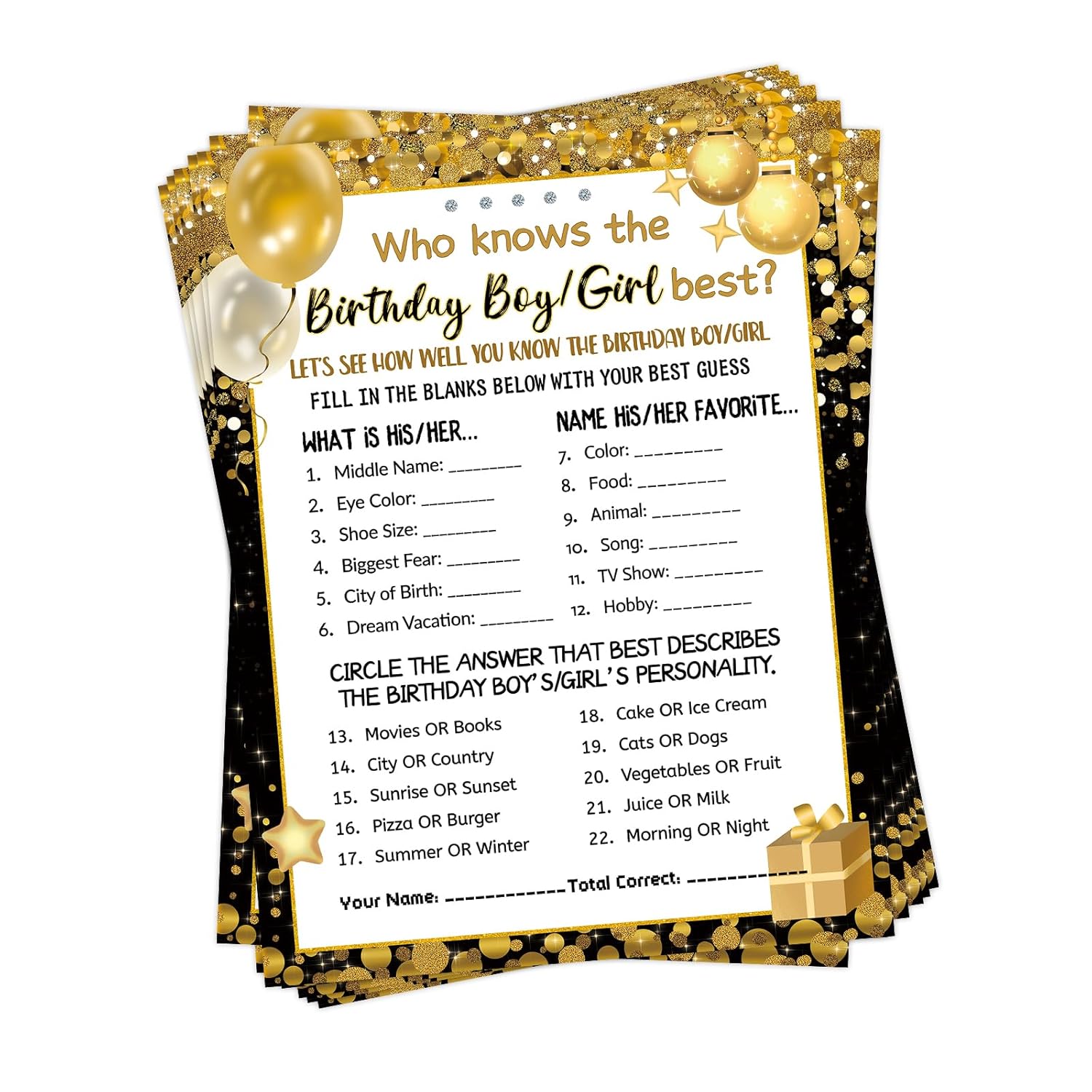 Who Knows The Birthday Boy Girl Best, Birthday Game Cards For Party Activities, Birthday Game Cards For Teens Kids Girls Boys Sleepover Party - Set Of 30 (Black Gold, Double-Sided)