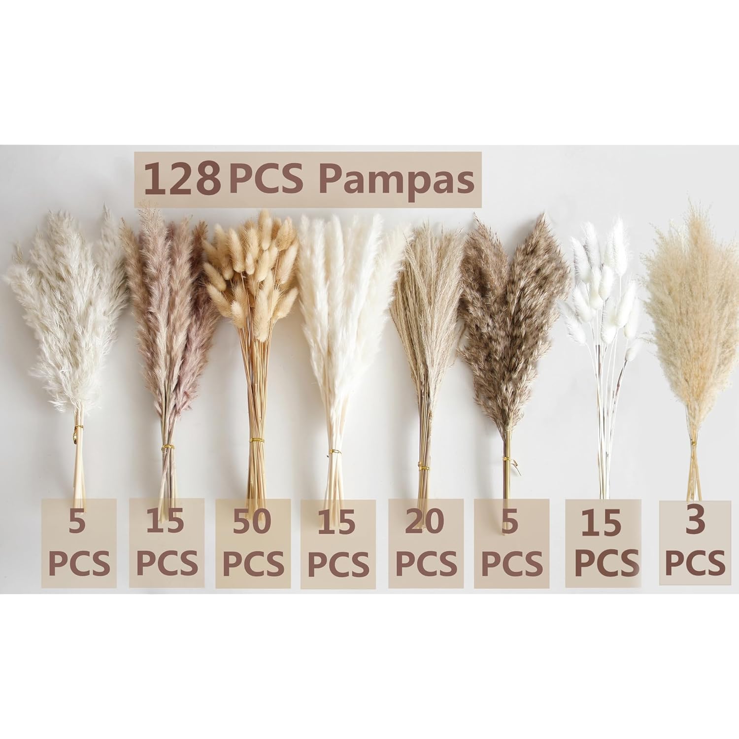 130 Pcs Dried Pampas Grass Bouquet, Boho Table Decor, Bunny Tails Dried Flowers, Brown Pampas, Fluffy Pompas, White Pampas Grass For Weddings, Home Decor, Rustic Parties, And Baby Shower Decorations
