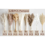 130 Pcs Dried Pampas Grass Bouquet, Boho Table Decor, Bunny Tails Dried Flowers, Brown Pampas, Fluffy Pompas, White Pampas Grass For Weddings, Home Decor, Rustic Parties, And Baby Shower Decorations