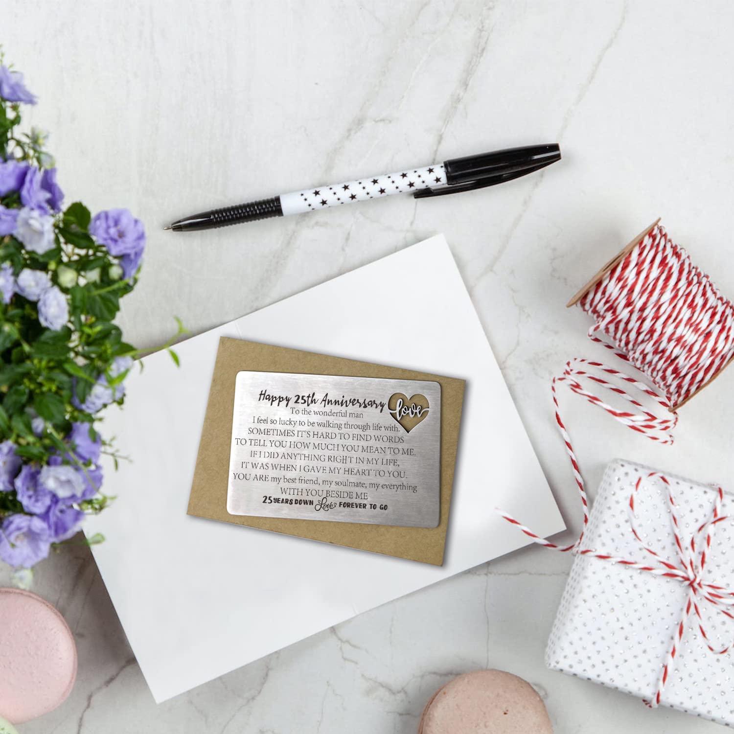 Happy 25Th Anniversary Wedding Card Gifts For Him Husband, 25 Year Anniversary Cards Gift For Men, Engraved Metal Wallet Insert Anniversary Presents