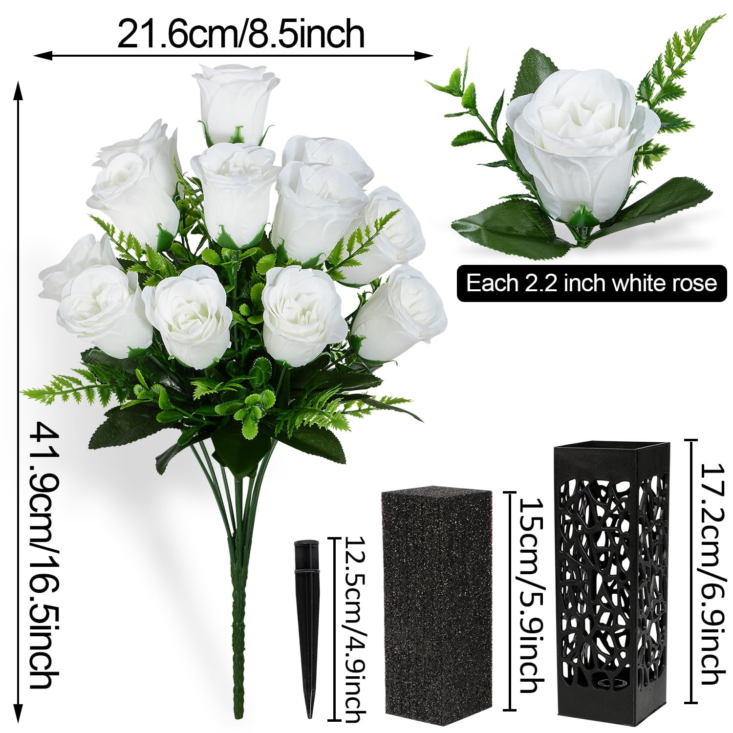 Artificial Cemetery Flowers, Grave Memorial Flowers, Set Of 2 Artificial Rose Bouquet With Vase For Cemetery Headstones Gravesites Decoration (White)