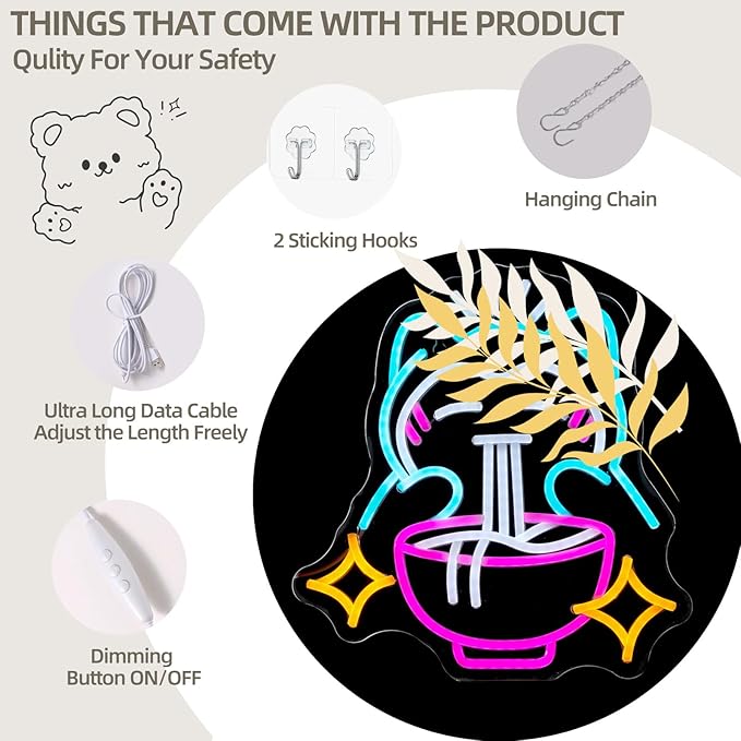 Ramen Bear Neon Sign Blue USB Dimmable LED Wall Light for Restaurant Gaming Room Bedroom Decor