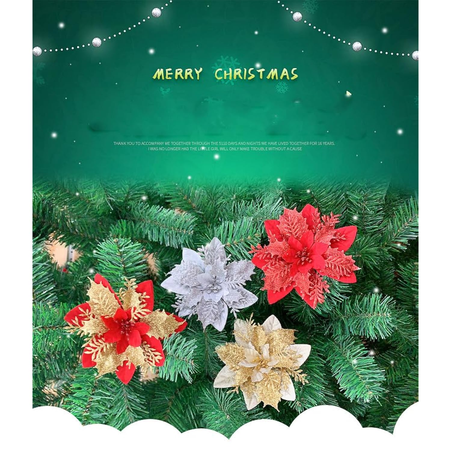 Sparkling Christmas Flowers - Artificial Poinsettia Tree Decor Set Of 10 - Festive Holiday Floral Ornaments (Wine Red)