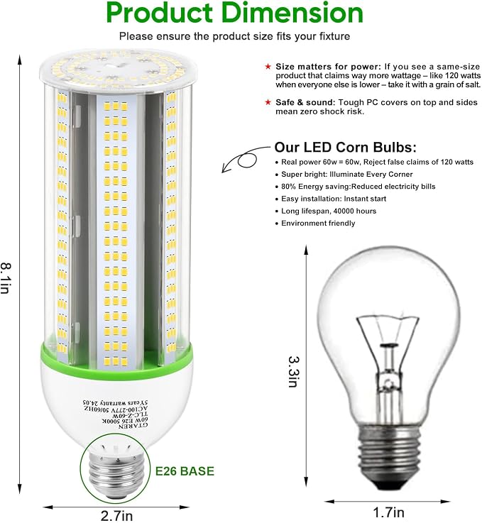 60W LED Corn COB Light Bulb 600W Equivalent 5000K Daylight 8400 Lumens E26 E39 Base