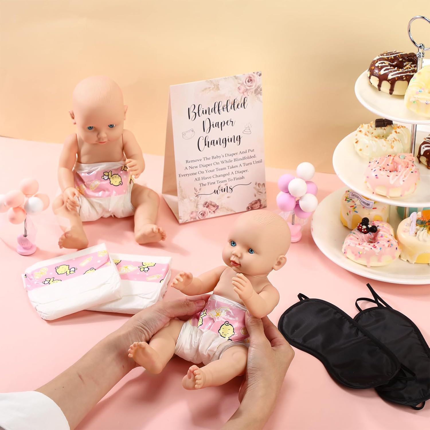 9 Pc Baby Shower Game Set - Blindfold Diaper Changing Race With Blindfolds & Diapers (Rose, Flesh Pink)