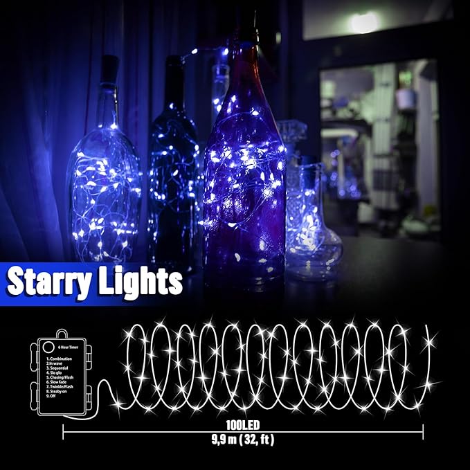 100 LED Blue Fairy Lights Battery Operated 32.5FT Copper Wire String Lights with Remote Timer Starry Twinkle Lights for Indoor Outdoor Decor