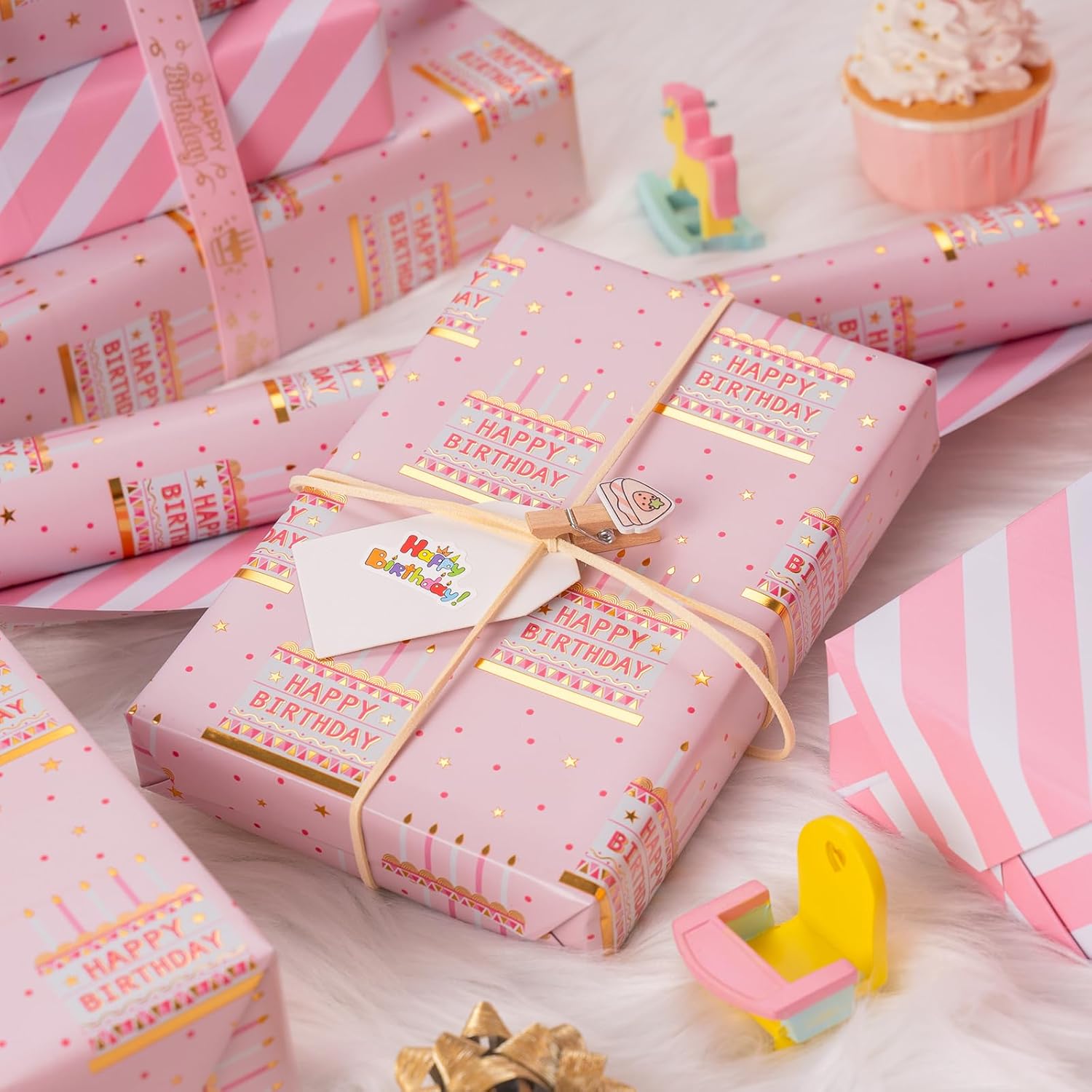 Pink Birthday Wrapping Paper Roll - 17 Inch X 33 Feet - Girly Shiny Metallic Pink Birthday Cake Pattern Reversible Gift Wrap Paper Pastel For Girl Baby Shower Wedding Bridal Shower