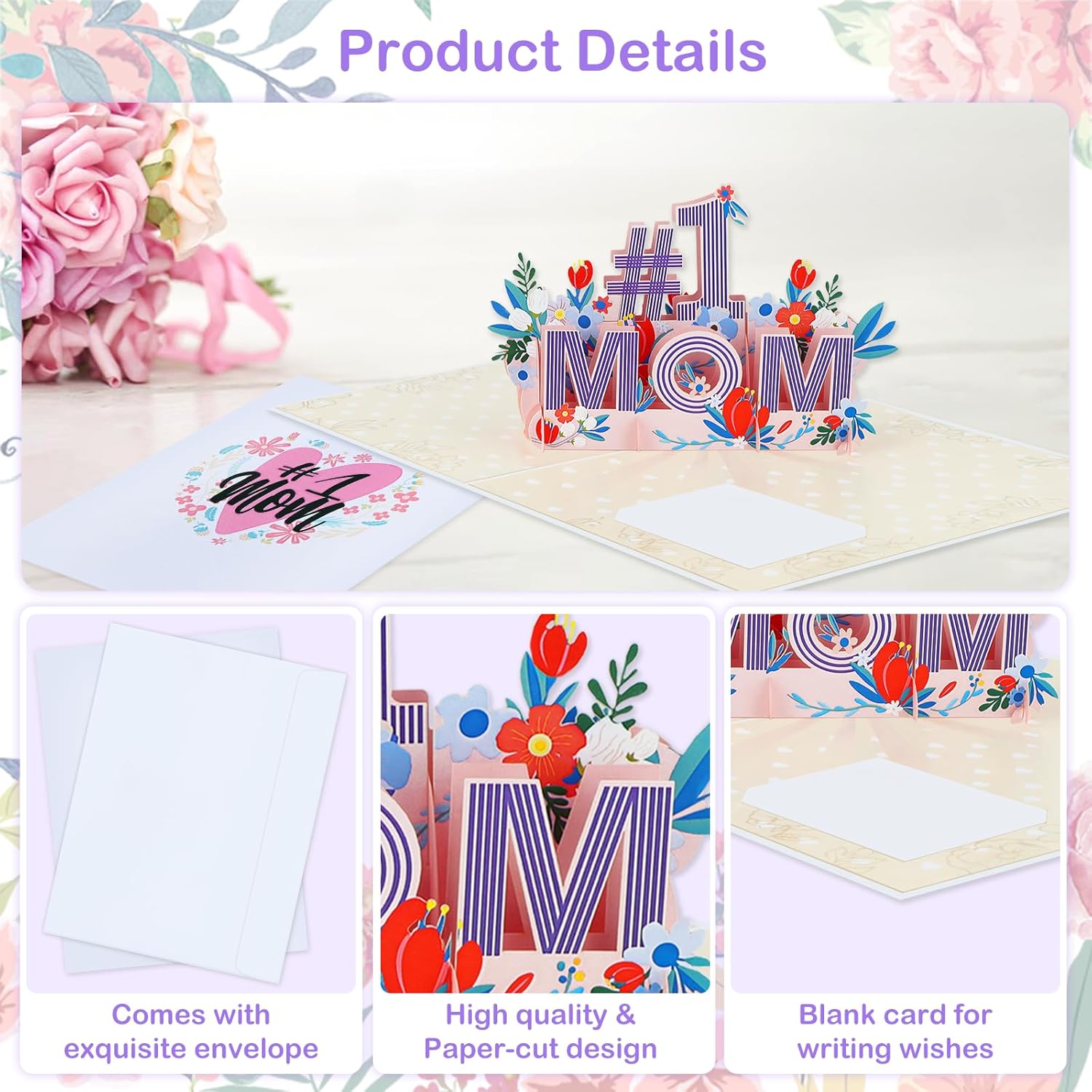 Best Mother Day Card - 3D #1 Mom Flower Pop Up Birthday Card With Envelope 2025 Mothers Day Gift For Mom Grandmom Stepmother Mother-In-Law