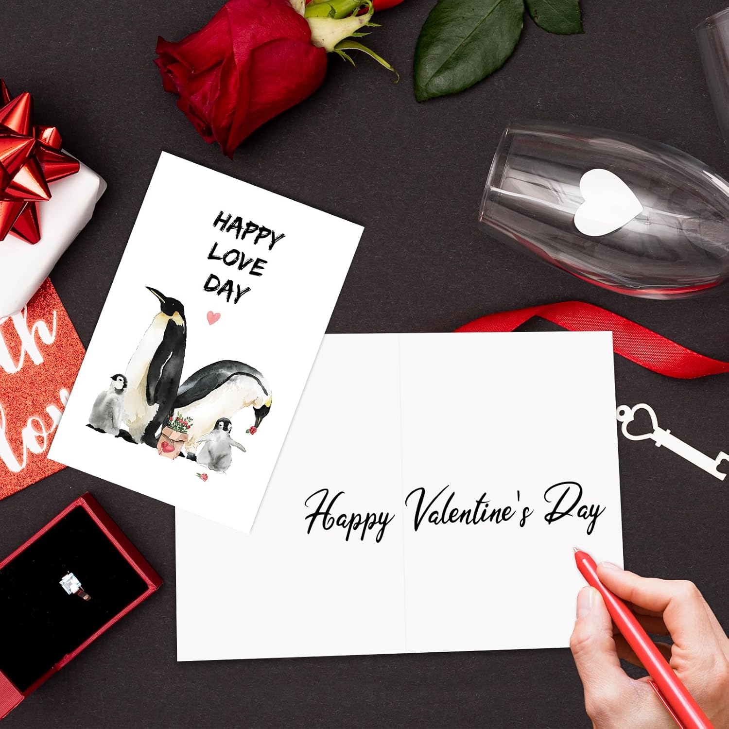 Penguin Mom Dad Valentine'S Day Card, Cute V-Day Gifts For Husband Wife Kids, Lovely Penguin Anniversary Card For Women Men