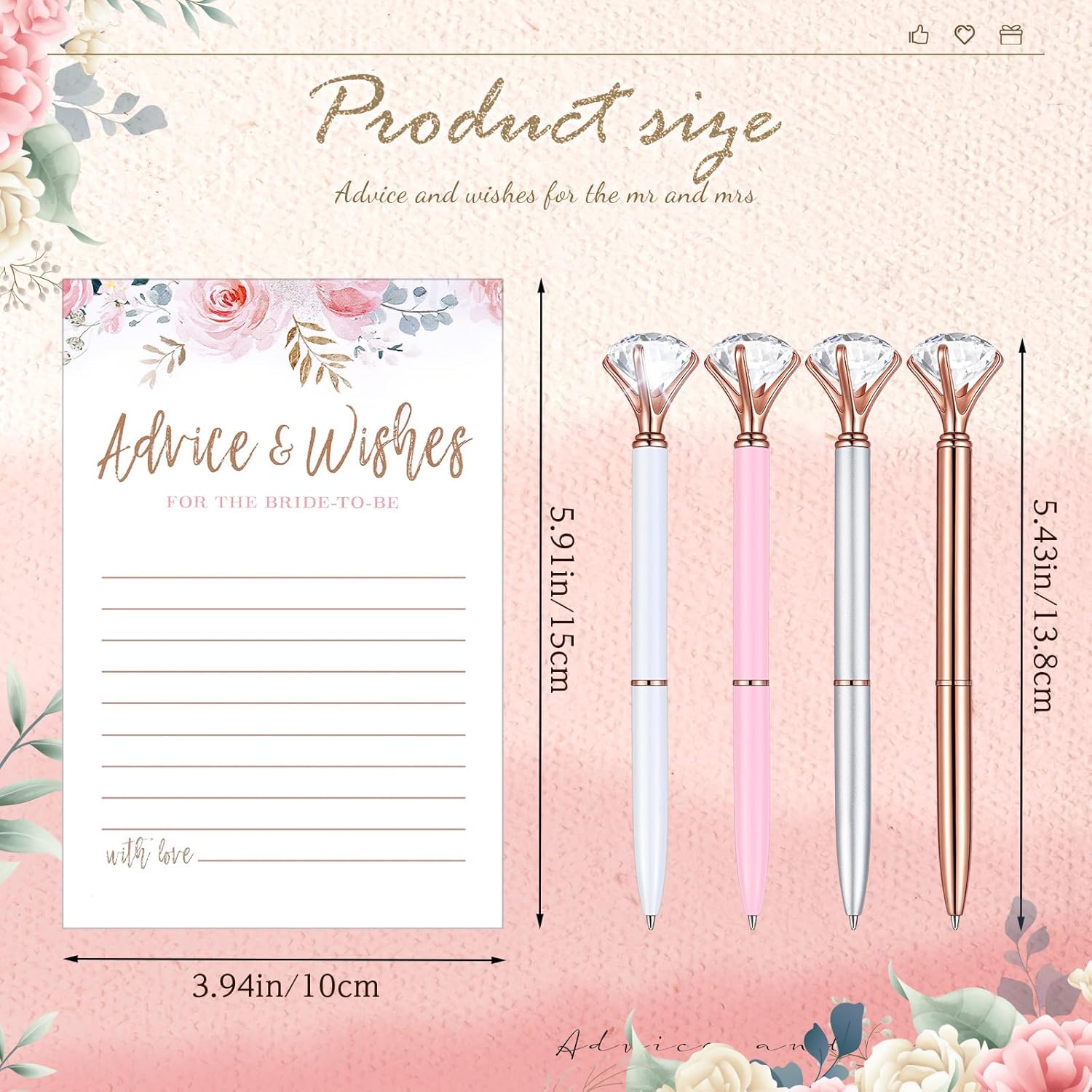 30 Pack Advice And Wishes Cards For The Mr And Mrs, Floral Wedding Advice Cards With Crystal Diamond Pen Rose Flower Bridal Shower Games For Guest
