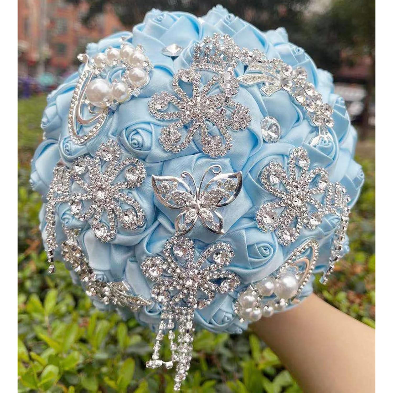 9.4 Inch Handmade Satin Rose Bridal Bouquet Toss Round Wedding Bouquet Throw Toss Artificial Flower Bunch Light Blue