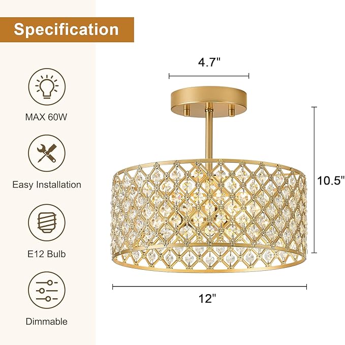12 Inch Gold Crystal Ceiling Light Modern Semi Flush Mount 3 Light Chandelier Fixture