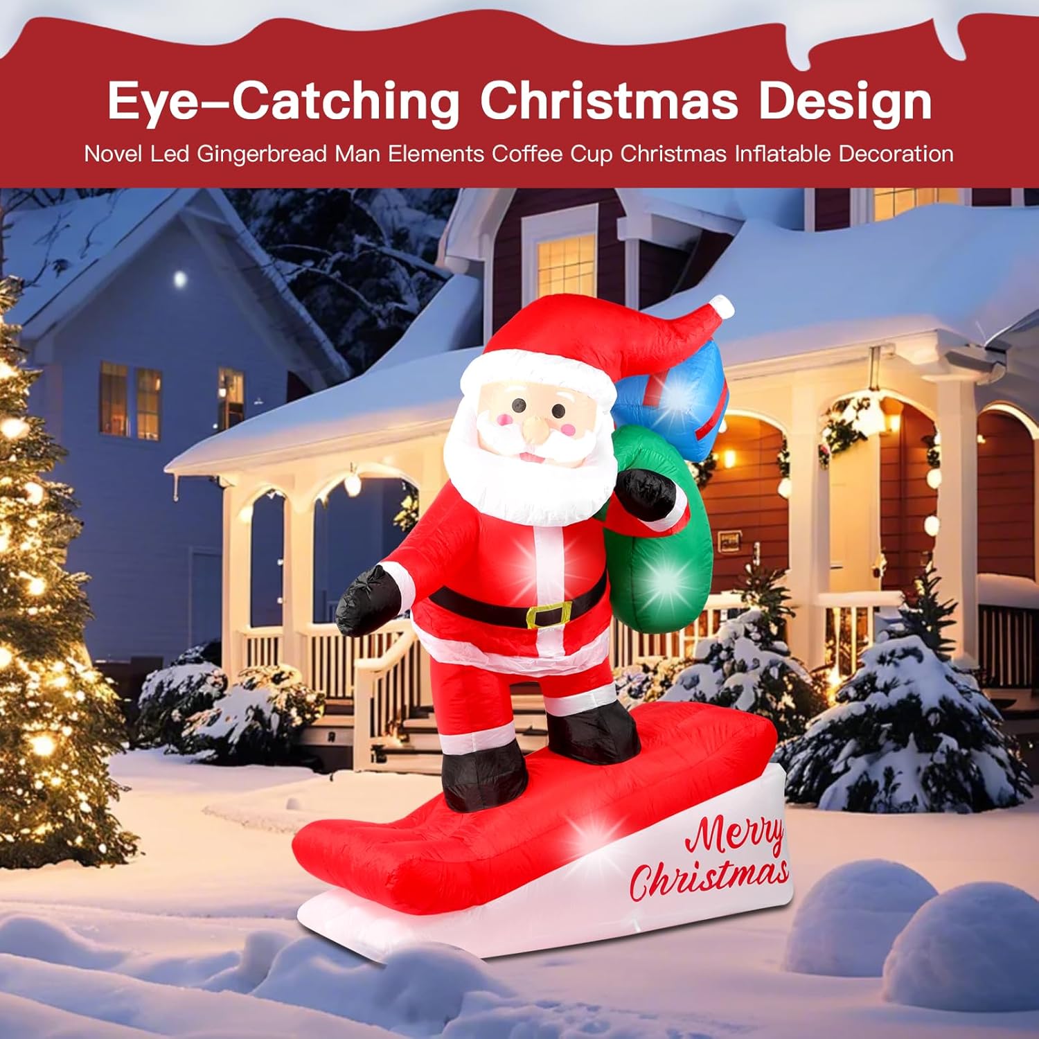 6Ft Christmas Inflatables Decorations Outdoor?Blow Up Skiing Santa Claus With Built-In Leds Lights For Indoor Holiday Pa
