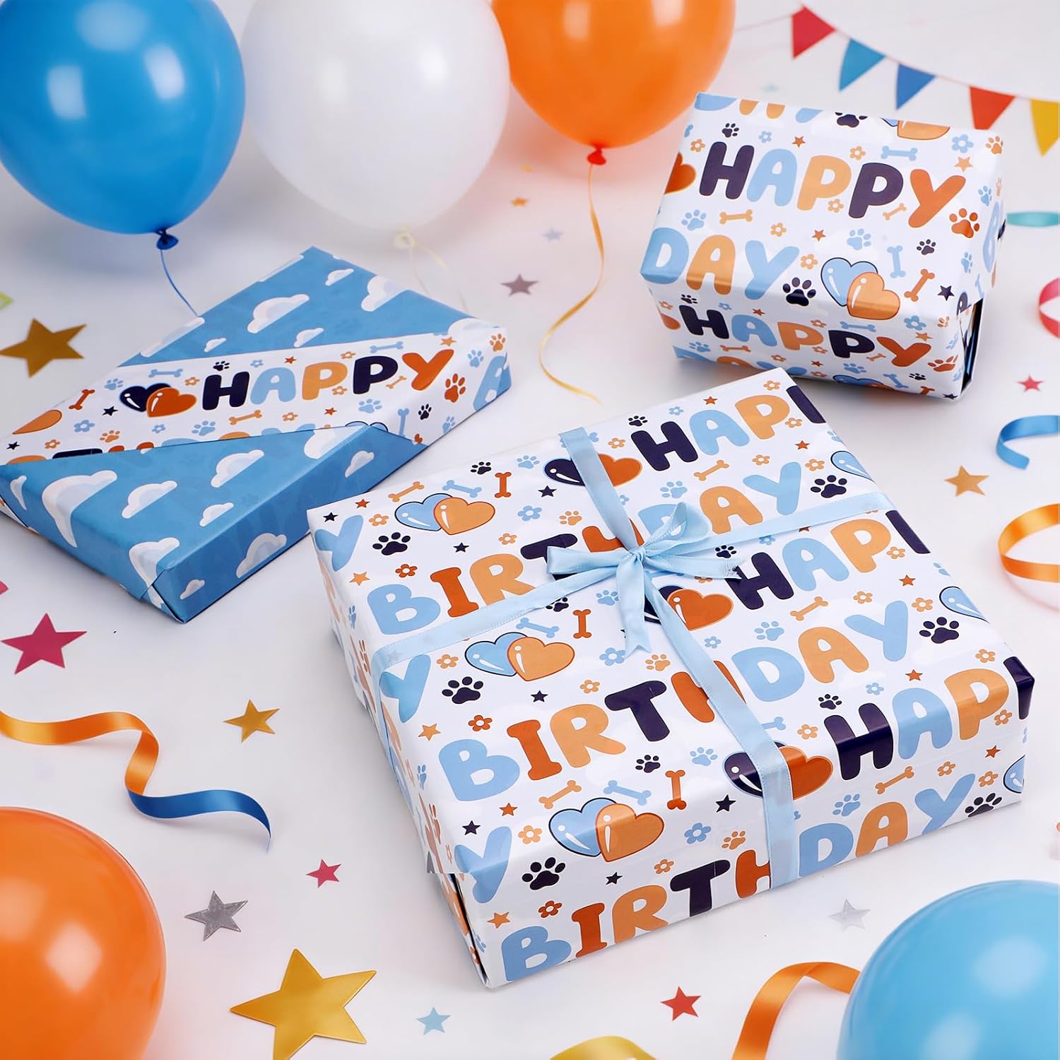 Reversible Happy Birthday Wrapping Paper - 8 Sheets | Blue & Orange Dog Paw Design + Sky-White Clouds Pattern Gift Wrap Paper For Kids’ Birthdays, Baby Showers & Holiday Greetings 19.7" X 27.6"