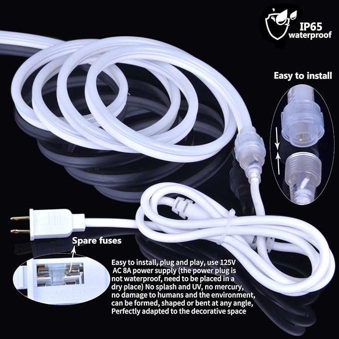 50FT Blue LED Neon Rope Lights Waterproof Connectable Plug In Strip Lights for Patio Bar