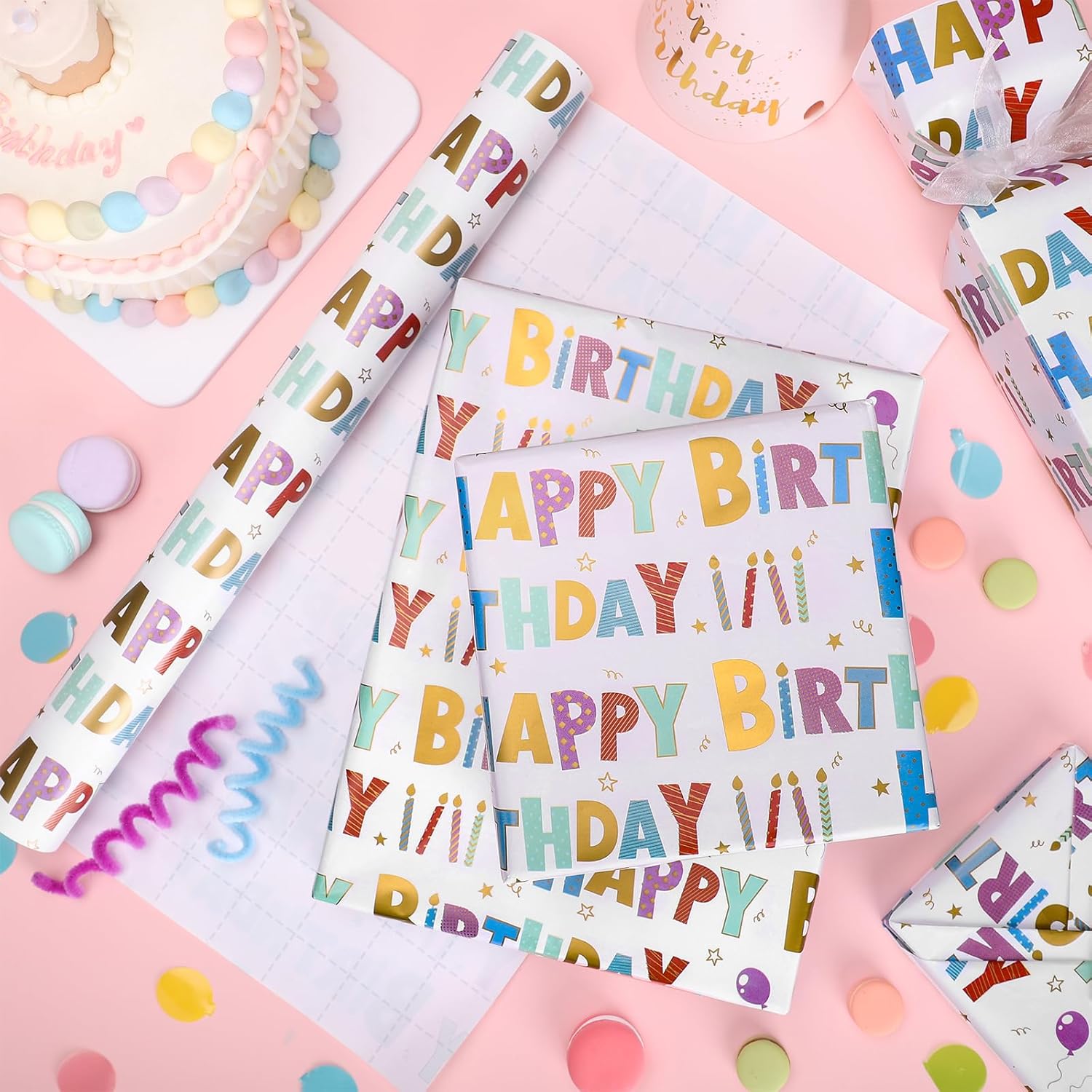Birthday Wrapping Paper Roll 17 Inch X 33 Feet Colorful Foil Happy Birthday Lettering Candles Gift Wrapping Paper For Baby Shower Holiday Party